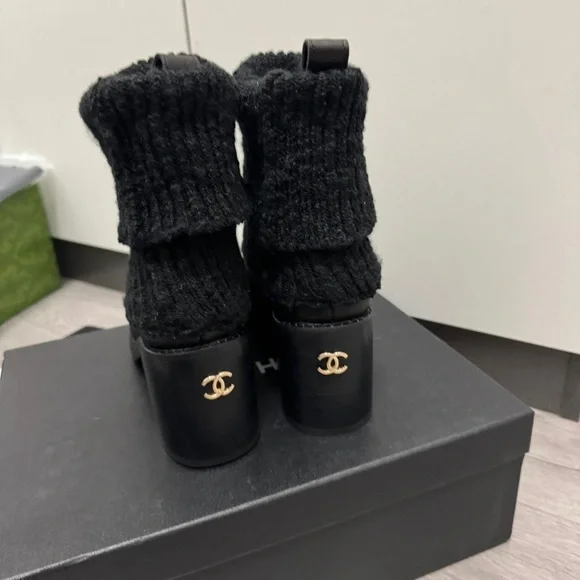 CHANEL Black Knit Ankle Boots with Gold Logo - Picture 1 of 2